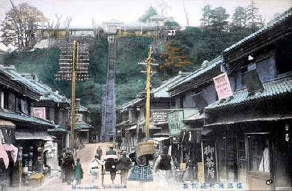 Rental bicycle store and match-manufacture store signs are shown on right toward Sengen-hill